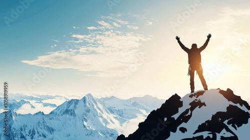 Climber at the summit of a snowcapped peak, hands raised, winter triumph and resilience photo