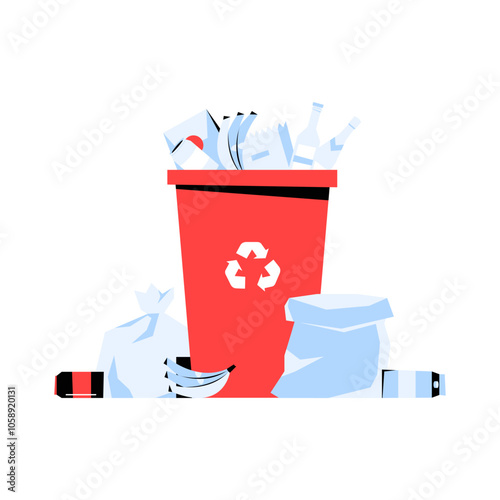 Red Recycling Bin Overflowing With Waste In Flat Vector Illustration Symbolizing Waste Management, Environmental Conservation, And Recycling Awareness, Isolated On White Background.