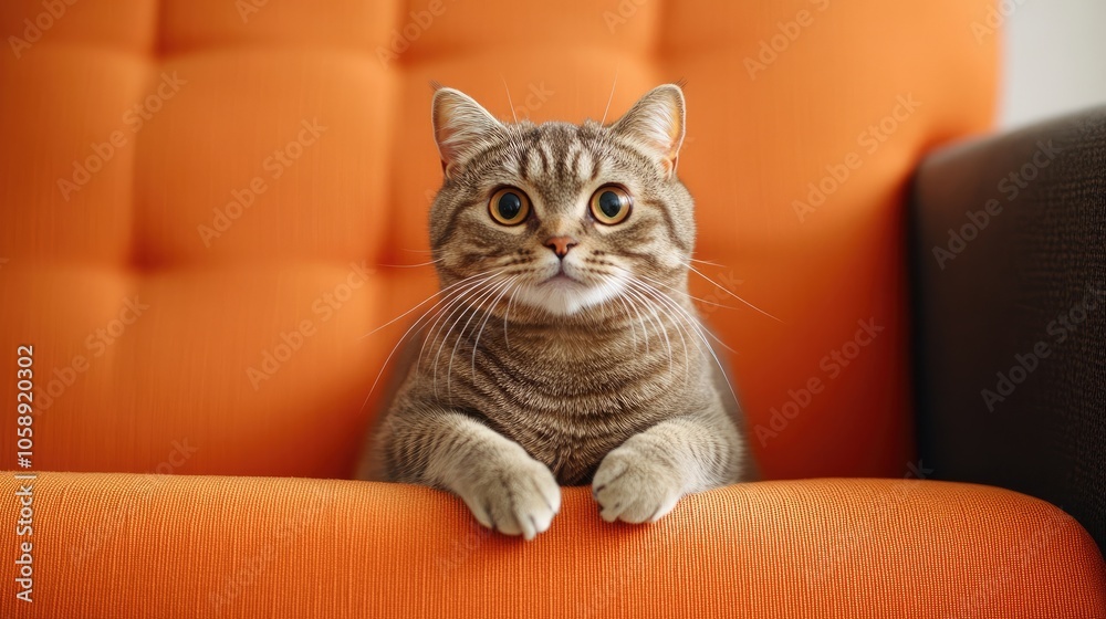 Curious brown cat, a short-haired Scottish fold pet, sits on an orange armchair at home, tilting its head towards the camera with a playful expression and ample photo space. Curious brown cat, a short-haired Scottish fold pet, sits on an orange armchair at home, tilting its head towards the camera with a playful expression and ample photo space.