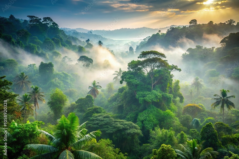 Tropical forest in morning fog, wide-angle shot Tropical forest in morning fog, wide-angle shot
