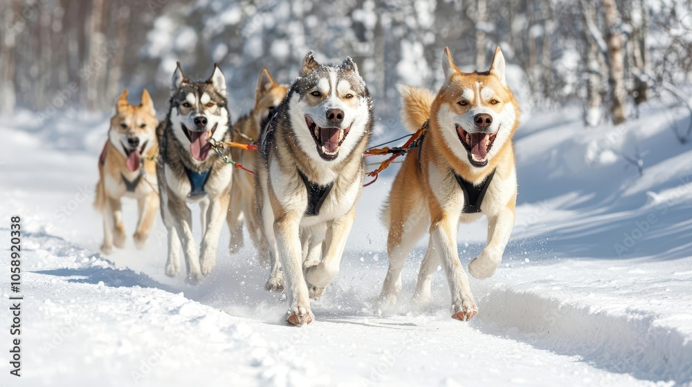 Naklejka premium Dog sled team racing through snowfilled forest, frosty breath in air, exhilarating winter journey