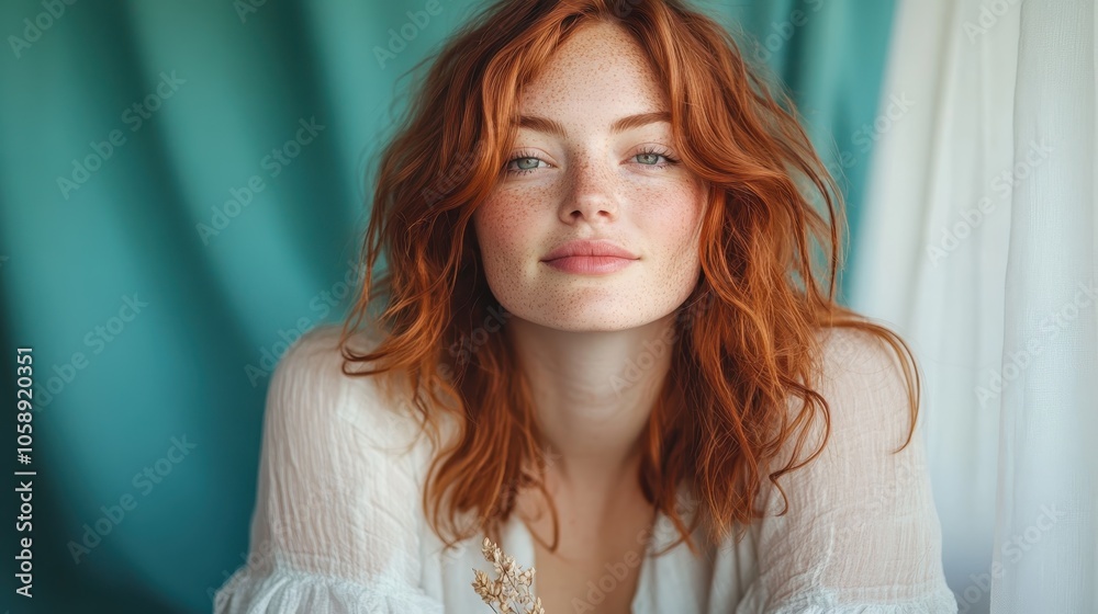 Portrait of a smiling red-haired woman with freckles, wearing a delicate white blouse, sitting against a soft blue background, exuding warmth and contentment. Portrait of a smiling red-haired woman with freckles, wearing a delicate white blouse, sitting against a soft blue background, exuding warmth and contentment.