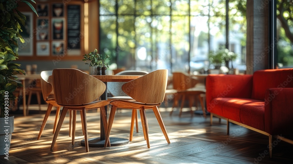 Sunlight streams through a large window into a modern cafe with wooden chairs, a round table, and a red sofa in the background. Sunlight streams through a large window into a modern cafe with wooden chairs, a round table, and a red sofa in the background.