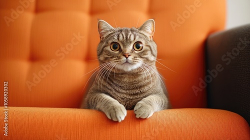 Wallpaper Mural Curious brown cat, a short-haired Scottish fold pet, sits on an orange armchair at home, tilting its head towards the camera with a playful expression and ample photo space. Torontodigital.ca