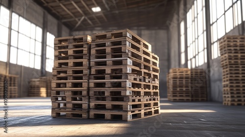 Wooden Pallets Stacked in a Warehouse Interior