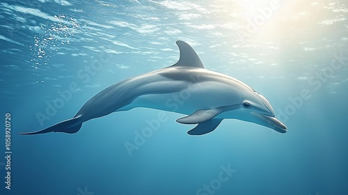 A sleek dolphin swims gracefully through clear blue waters, illuminated by sunlight filtering from above.