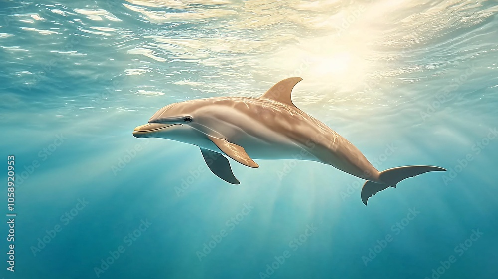 A dolphin gracefully swims in clear blue waters, illuminated by sunlight filtering through the surface, showcasing marine beauty. A dolphin gracefully swims in clear blue waters, illuminated by sunlight filtering through the surface, showcasing marine beauty.