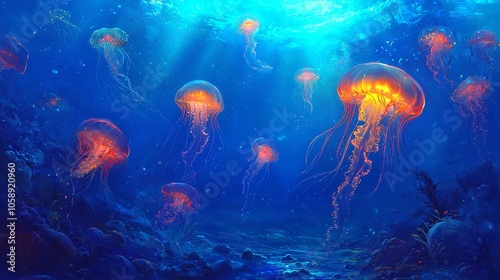 Glowing Jellyfish Swarm in Ethereal Underwater Wonderland