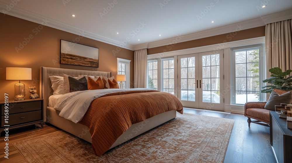 Fototapeta premium An Exquisite and Luxurious Master Bedroom with Elegant Design Elements for Home Decor Inspiration and Real Estate Marketing