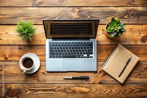 Office Desk Flat Lay Banner Mockup - Rustic Wooden Tabletop