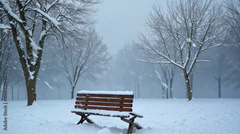 A wooden bench covered in snow sits in a snowy park.