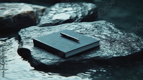 Notepad and pen rest on a dark stone surface, partially submerged in tranquil water, creating a serene composition with ample space for text or graphics related to note-taking. photo