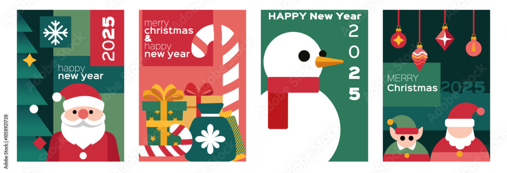 Fototapeta premium Xmas card modern geometric design, Santa and snowman, tree and gift. Icon minimal winter season abstract poster, New year celebration. Background ornament 2025. Vector pattern cartoon illustration