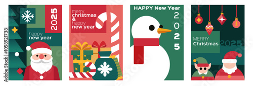 Xmas card modern geometric design, Santa and snowman, tree and gift. Icon minimal winter season abstract poster, New year celebration. Background ornament 2025. Vector pattern cartoon illustration