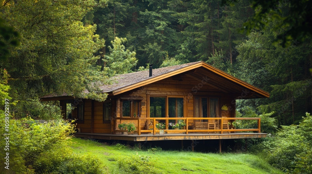 Tranquil wooden cabin nestled in a serene pine forest, surrounded by lush greenery, perfect for capturing the essence of peaceful nature with ample photo style copy space. Tranquil wooden cabin nestled in a serene pine forest, surrounded by lush greenery, perfect for capturing the essence of peaceful nature with ample photo style copy space.