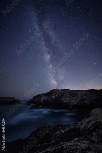 Milky Way over the sea..Long time exposure night landscape with Milky Way Galaxy during the Perseids flow above the Black sea, Bulgaria.