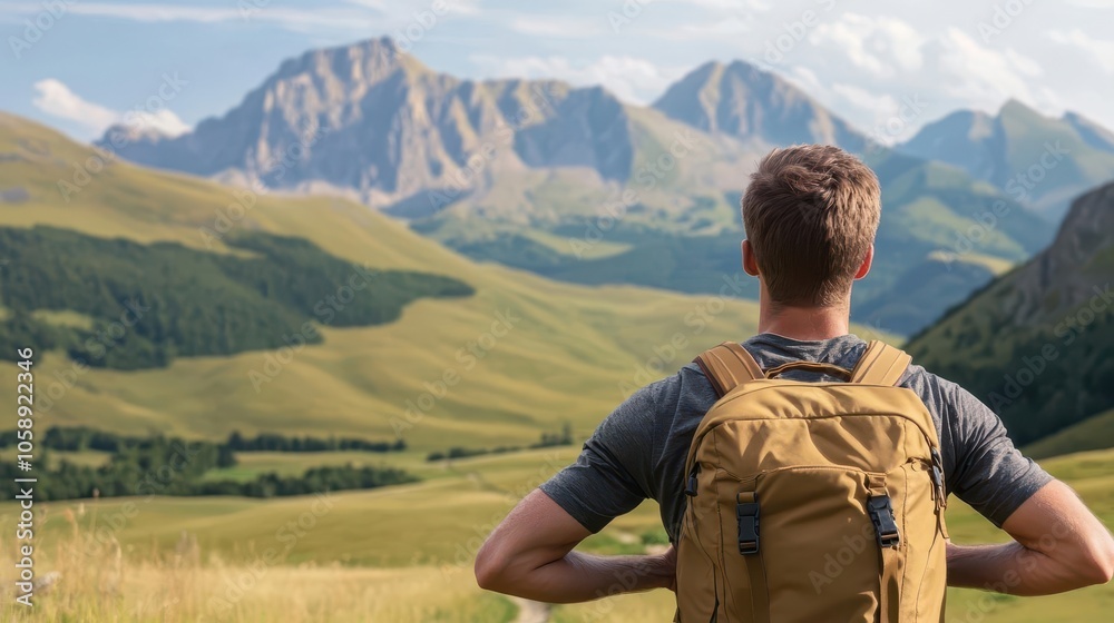 Man on a hiking trail, stopping to stretch his back, natural landscape, outdoor adventure and health concept Man on a hiking trail, stopping to stretch his back, natural landscape, outdoor adventure and health concept