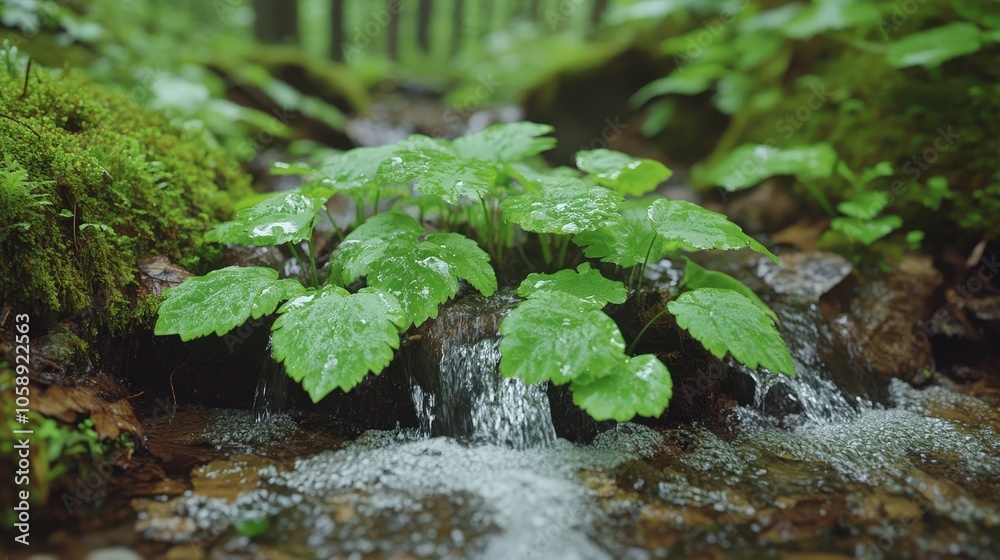 Tranquil Forest Stream with Lush Greenery and Small Waterfall Tranquil Forest Stream with Lush Greenery and Small Waterfall