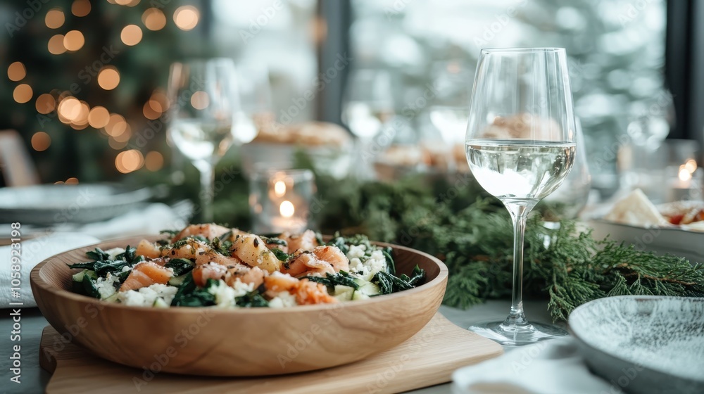 Naklejka premium A festive dining table adorned with a delectable smoked salmon dish, surrounded by thematic decor and a backdrop of soft, ambient holiday lighting for a cozy feel.