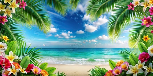 tropical summer background with leading lines, flower, sea