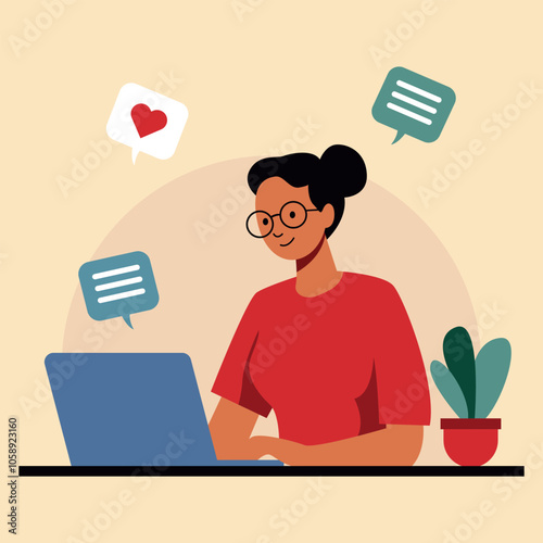 Smiling woman with glasses working on her laptop, surrounded by chat icons expressing conversation and appreciation, representing virtual engagement or online networking, flat cartoon style illustrati