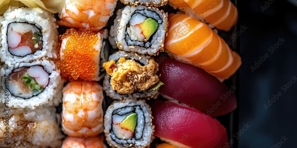 A detailed view of a sushi dish showcases an assortment of different kinds of sushi, such as nigiri, maki, and sashimi, highlighting the elegance of Japanese cuisine. A detailed view of a sushi dish showcases an assortment of different kinds of sushi, such as nigiri, maki, and sashimi, highlighting the elegance of Japanese cuisine.