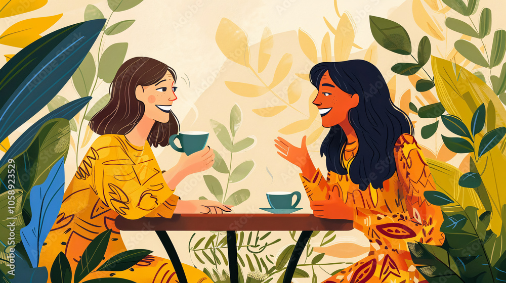 Smiling Women Enjoying Coffee and Chatting Smiling Women Enjoying Coffee and Chatting