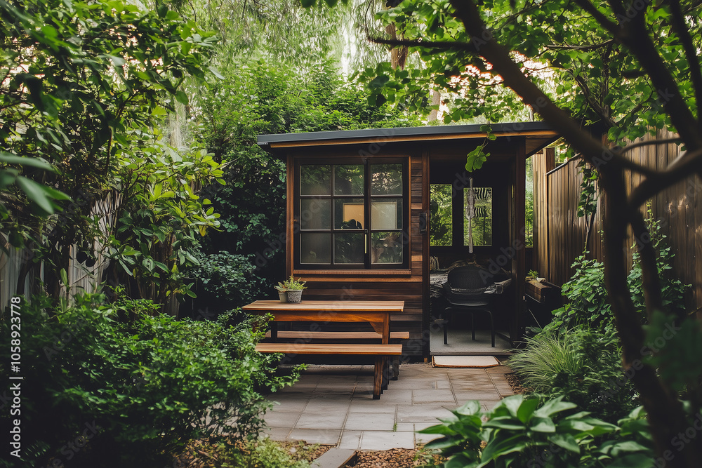 Backyard with wood shed and furniture surrounded by trees and lush plants Backyard with wood shed and furniture surrounded by trees and lush plants