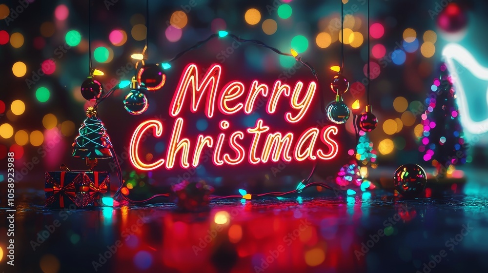 Merry Christmas Neon Light Text in Vibrant Colorful Festive Background Merry Christmas Neon Light Text in Vibrant Colorful Festive Background