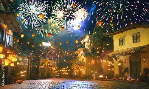 Festive Nighttime Street Scene with Lanterns and Fireworks