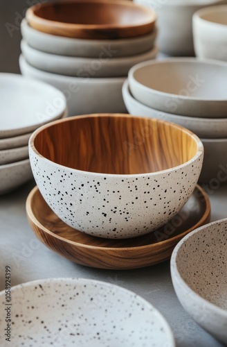 Elegant arrangement of wooden and ceramic bowls on a kitchen countertop in natural light