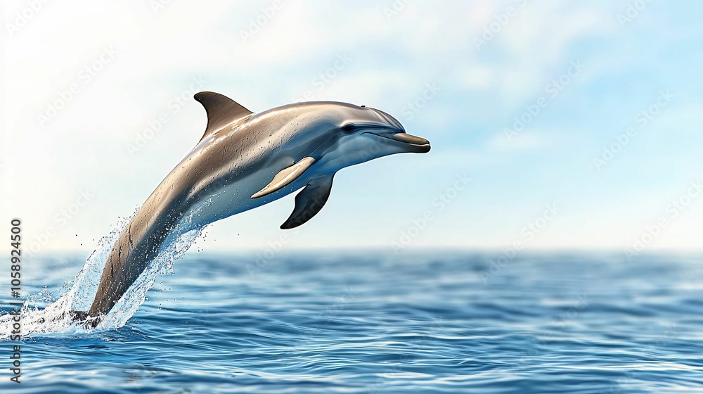 Fototapeta premium A playful dolphin leaps out of the water under a bright sky, creating splashes, embodying joy and freedom in its natural ocean habitat.