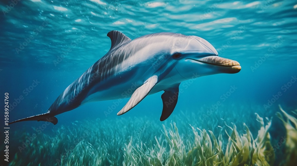 A dolphin swims gracefully through clear waters, surrounded by vibrant underwater vegetation. A dolphin swims gracefully through clear waters, surrounded by vibrant underwater vegetation.