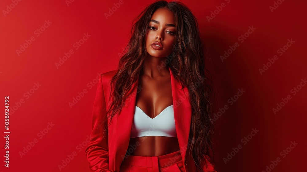 A sophisticated woman dressed in a red suit with a white top stands against a plain red background embodying modern minimalism and timeless elegance and power. A sophisticated woman dressed in a red suit with a white top stands against a plain red background embodying modern minimalism and timeless elegance and power.