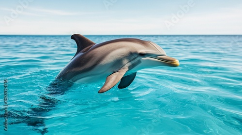 A dolphin leaps gracefully above the turquoise water, showcasing its sleek body against a clear blue sky.