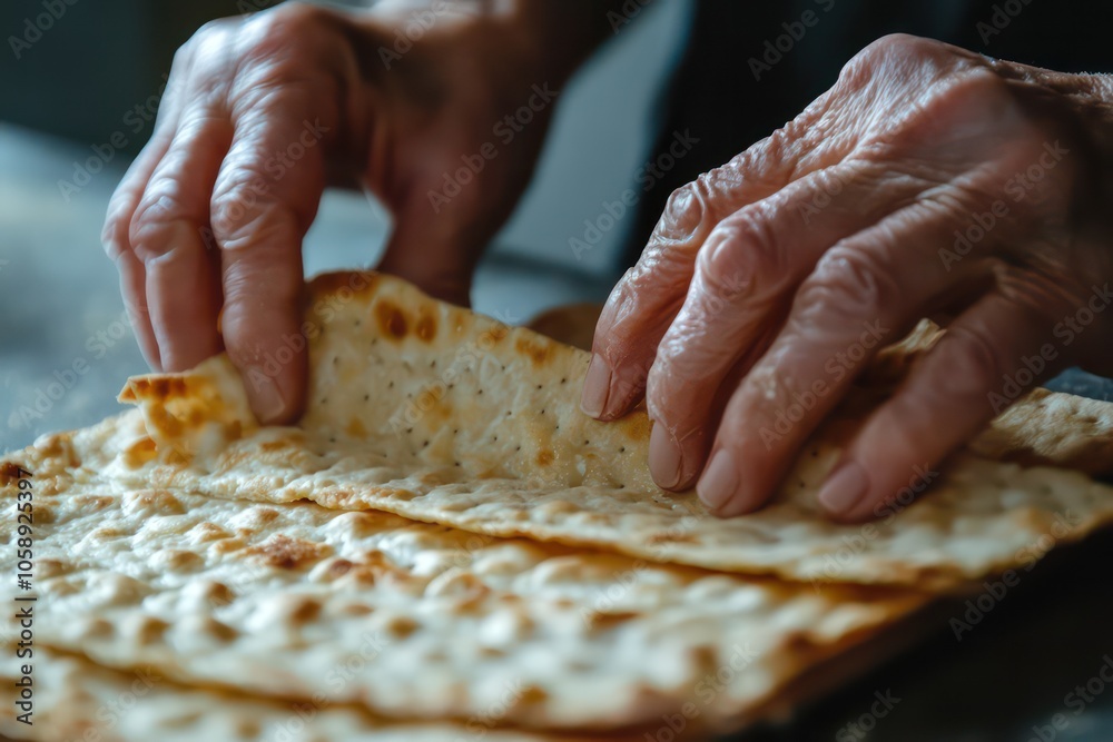 Close-up of hands breaking the matzah during the Passover Seder. Close-up of hands breaking the matzah during the Passover Seder.