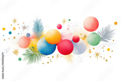 Colorful watercolor Christmas ornaments and festive elements create joyful holiday atmosphere, featuring vibrant spheres and delicate foliage