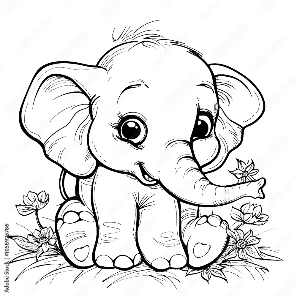 Cute elephant black and white on a white background, perfect for coloring, children's coloring book