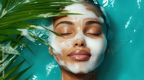 A peaceful image of a woman with a foamy face mask relaxes amidst a lush tropical setting, emphasizing tranquility, skincare, and a sense of calm. photo