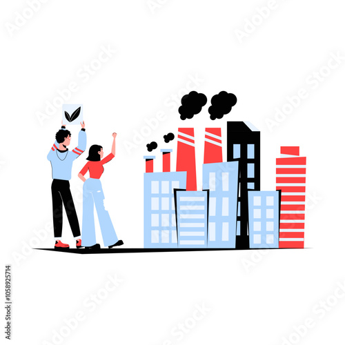 Activists Protesting Against Polluting Factories In Flat Vector Illustration Symbolizing Environmental Activism, Anti Pollution Movements, And Clean Air Advocacy, Isolated On White Background