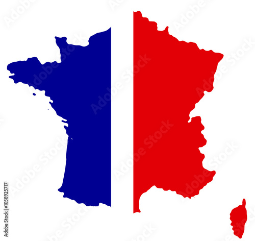 shape of the map of France, french map blue white red, symbol icon rounded simplified, isolated