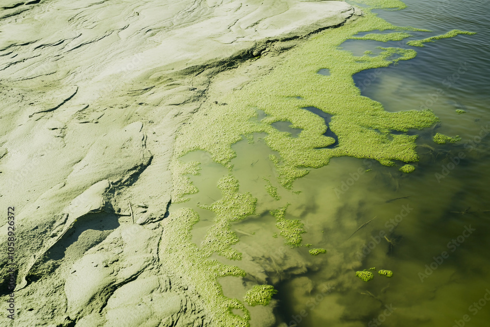 Algal growth along the riverbank in a tranquil setting Algal growth along the riverbank in a tranquil setting