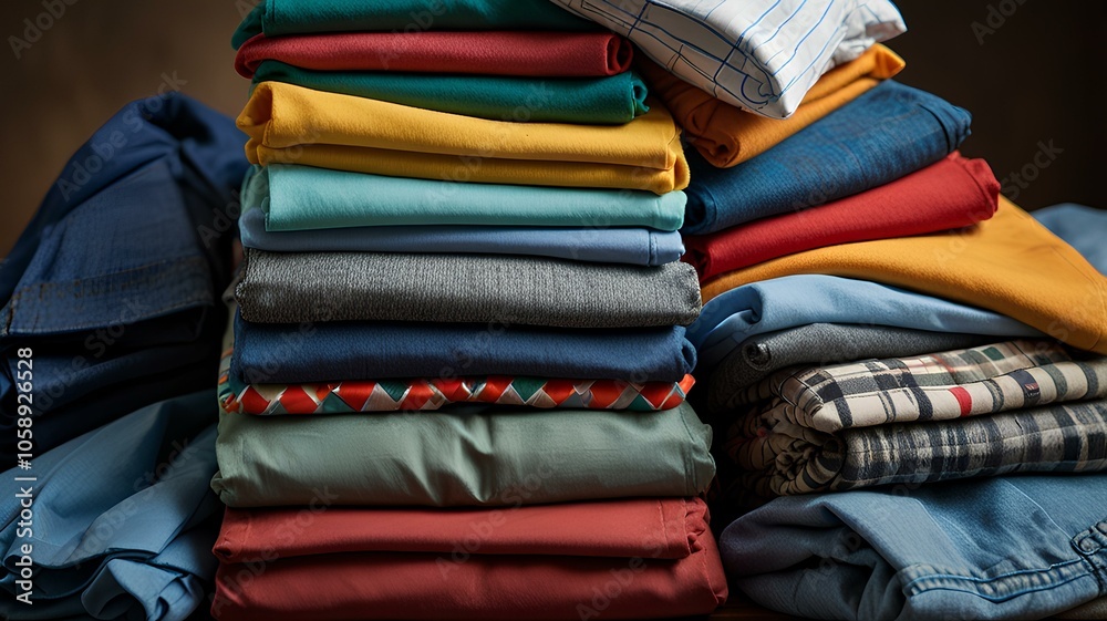 A pile of assorted clothing items neatly folded and ready for recycling or donation, promoting sustainability and charitable giving. A pile of assorted clothing items neatly folded and ready for recycling or donation, promoting sustainability and charitable giving.
