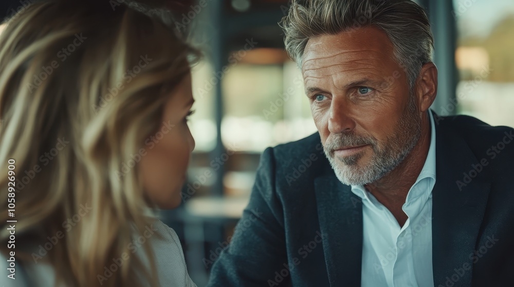 A mature man and a young woman in an engaging conversation, the man listens attentively with a genuine sincerity, set in a contemporary and casual setting. A mature man and a young woman in an engaging conversation, the man listens attentively with a genuine sincerity, set in a contemporary and casual setting.
