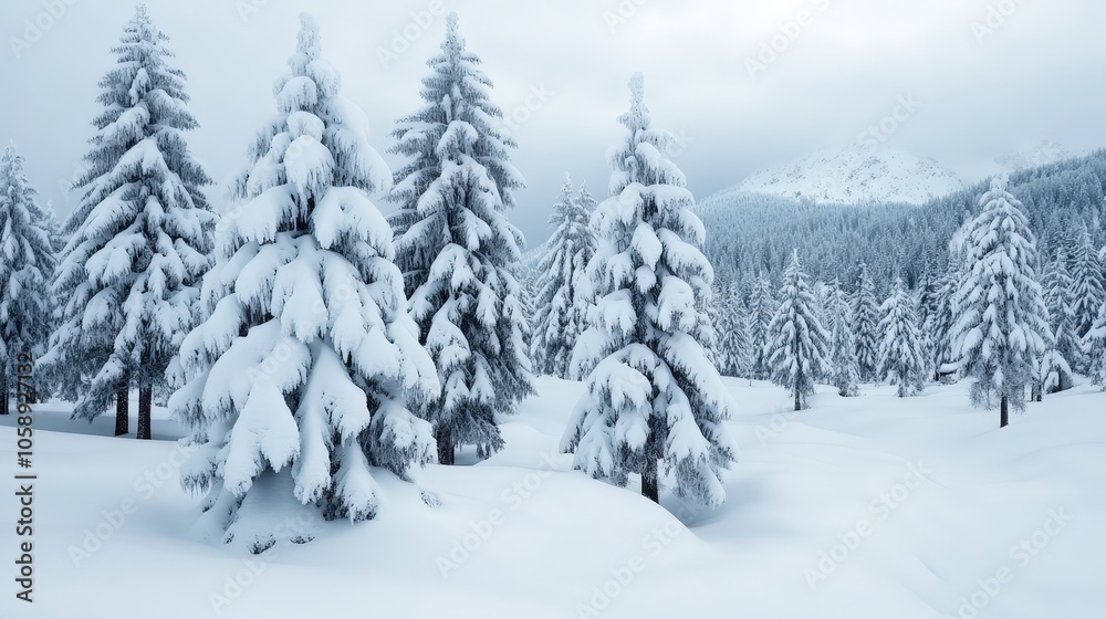 Snowy Evergreen Forest Winter Landscape Frosty Trees Mountain Background Snowy Evergreen Forest Winter Landscape Frosty Trees Mountain Background