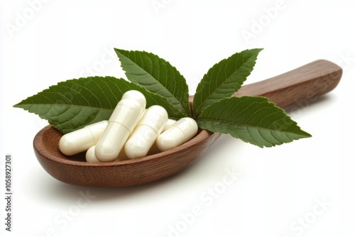 Natural sweetener alternative with white tablets and green leaves on a wooden spoon photo