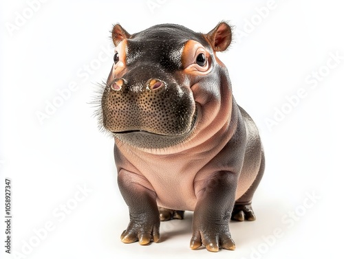 Playful Pygmy Hippopotamus Baby Smiling Cheekily on White Background