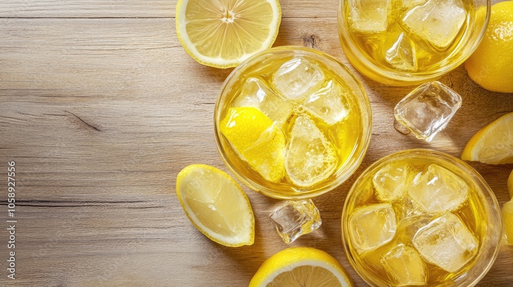 Vibrant yellow cocktail made with whiskey and lemon, styled for visual appeal with a light wood background. This top view captures the essence of a refreshing negroni cocktail.