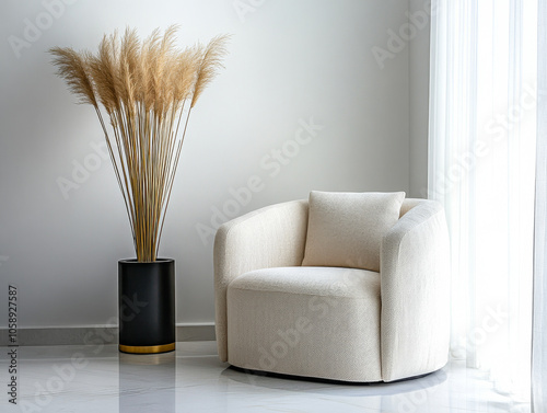 Elegant modern chair with decorative pampas grass in a stylish interior space