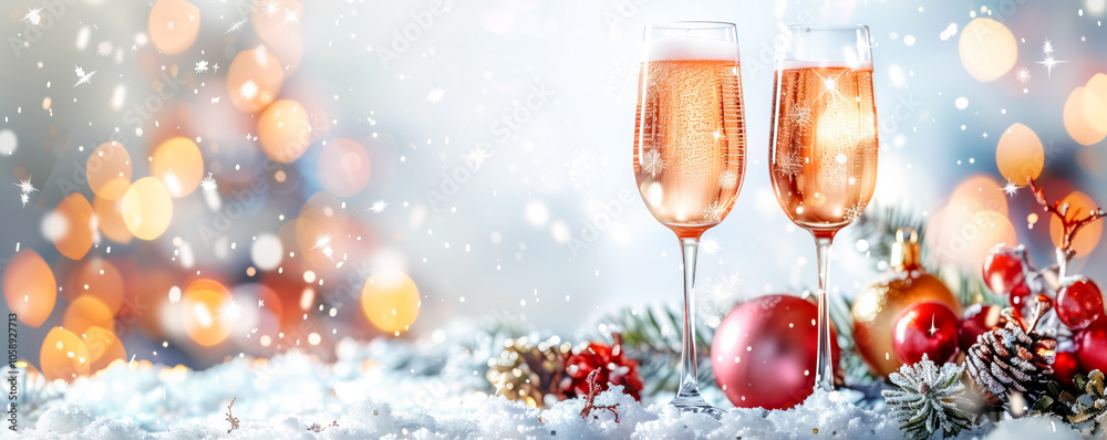 Two champagne glasses standing on the table on the Xmas background. Christmas and New Years party concept. Two champagne glasses standing on the table on the Xmas background. Christmas and New Years party concept.